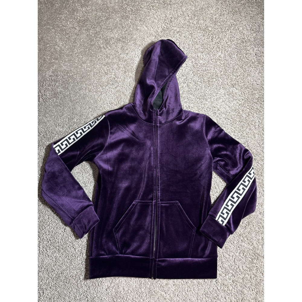 Purple Velour Full Zip Hoodie Greek Key Sleeve Stripe Sweatshirt SM Y2K